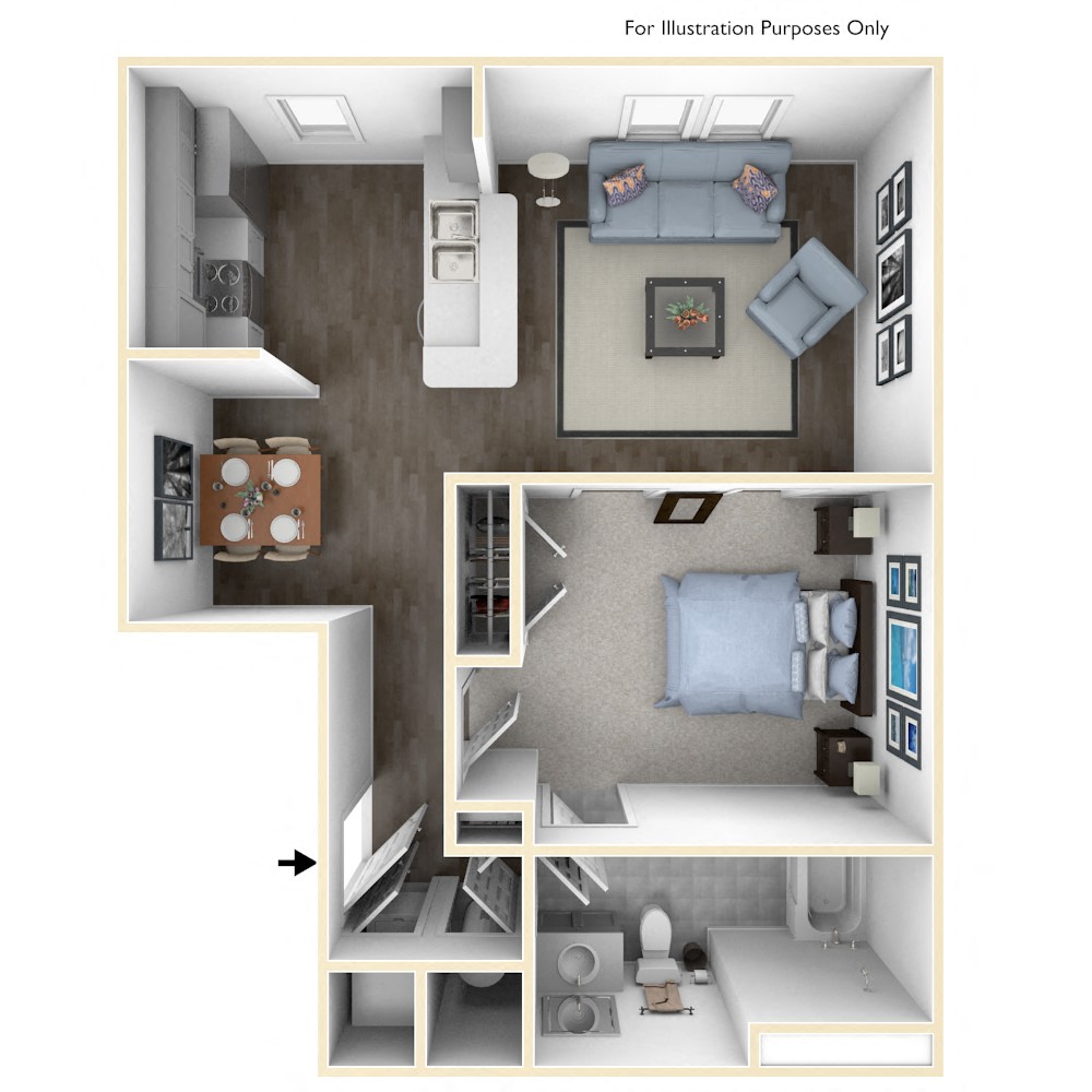 Floor plan for 1 bed, 1 bath, 657 sqft